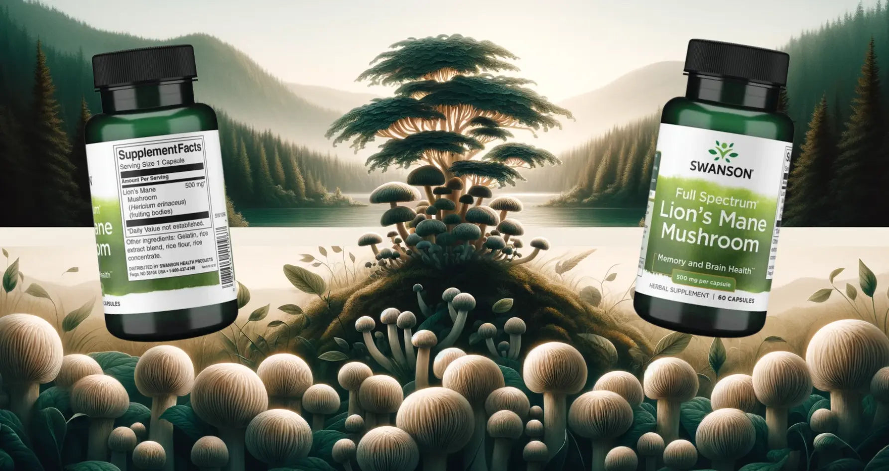 Serene natural landscape showcasing Lion's Mane mushrooms in their natural habitat, symbolizing holistic health and wellbeing with a tranquil green and earthy color palette.