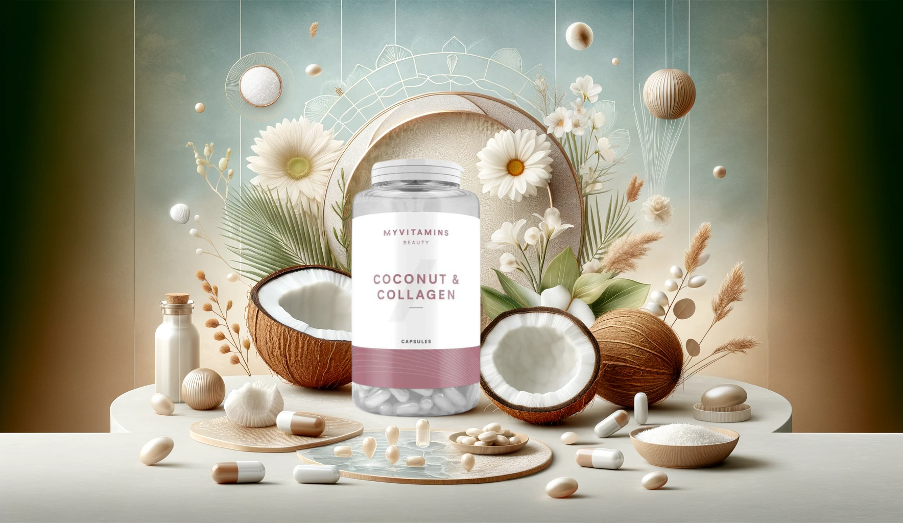 Header image for MyVitamins Coconut & Collagen Capsules blog, featuring a bottle of the capsules with coconut and collagen elements, against a soft natural-toned background with floral motifs, symbolizing natural wellness and beauty