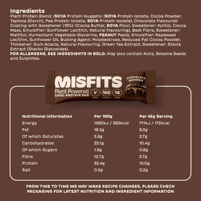 Misfits Vegan Protein Bar 12x45g Chocolate Brownie Best Value Snack Food Bar at MYSUPPLEMENTSHOP.co.uk
