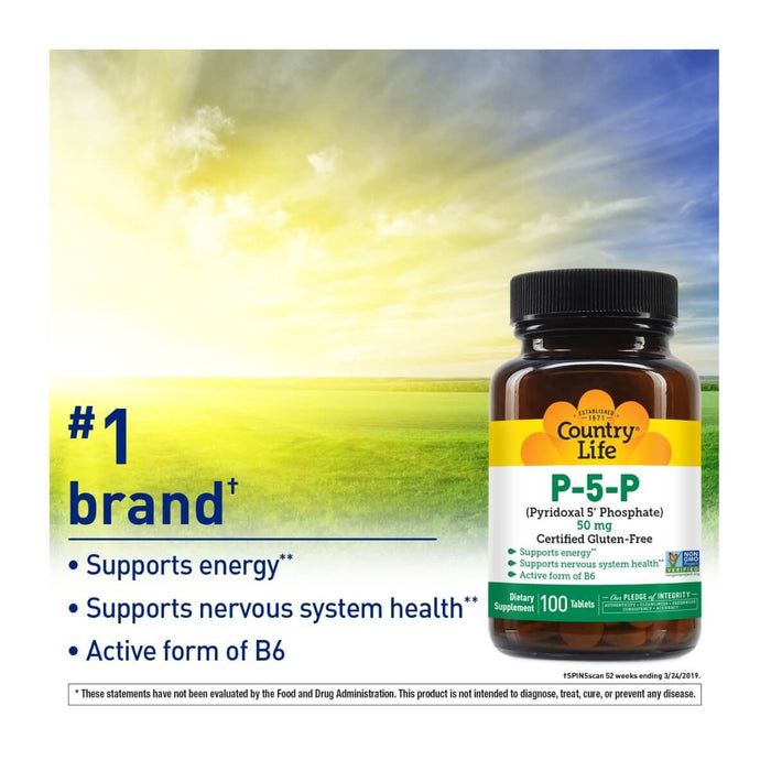 Country Life P-5-P (Pyridoxal-5-Phosphate) Vitamin B6 50mg 100 Tablets | Premium Supplements at MYSUPPLEMENTSHOP