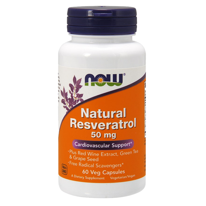 NOW Foods Natural Resveratrol with Red Wine Extract, Green Tea & Grape Seed, 50mg - 60 vcaps