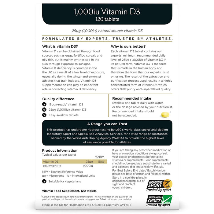 Healthspan Elite Vitamin D3, 1000IU - 120 tabs | High-Quality Vitamin D | MySupplementShop.co.uk
